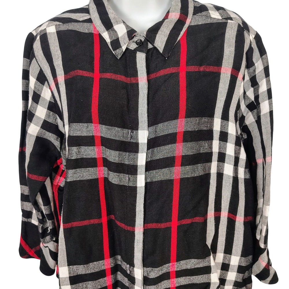 Boho Chic XL Plaid Linen Blend Button Down Shirt Black Red White city camping